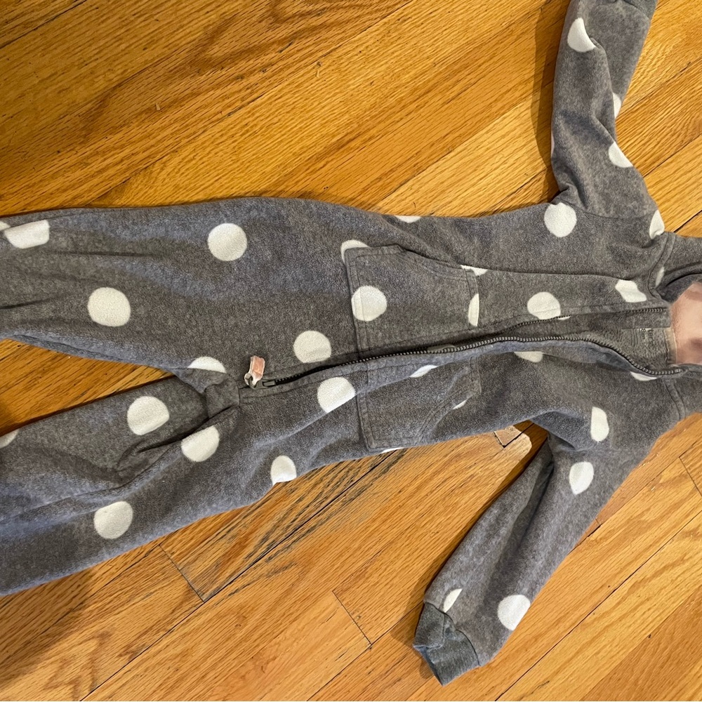 Gray Fleece Bunting Suit with White Polka Dots